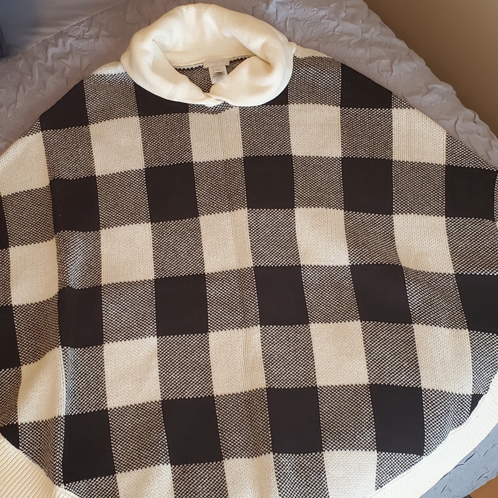 Talbots Black & White Buffalo Plaid Poncho Sweater